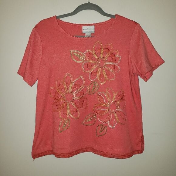 ALFRED DUNNER CORAL EMBELLISHED EMBROIDERED SHORT SLEEVE TOP SIZE PETITE MEDIUM - Picture 1 of 7